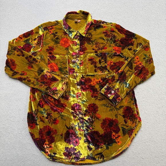 Pilcro Tops - Pilcro Anthropologie Shirt Women's XS Yellow Floral Velvet Button Down Bohemian